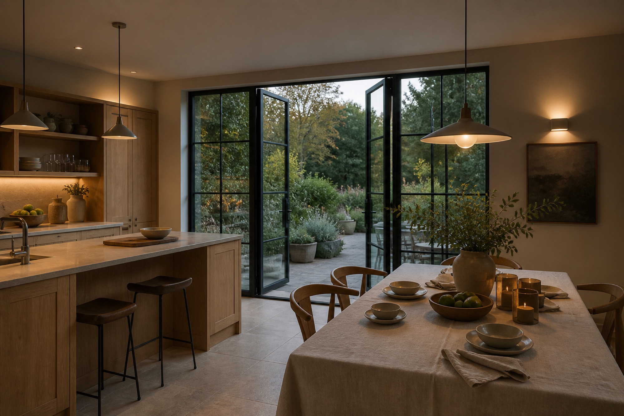A finished kitchen design with oak cabinets and steel-framed garden doors